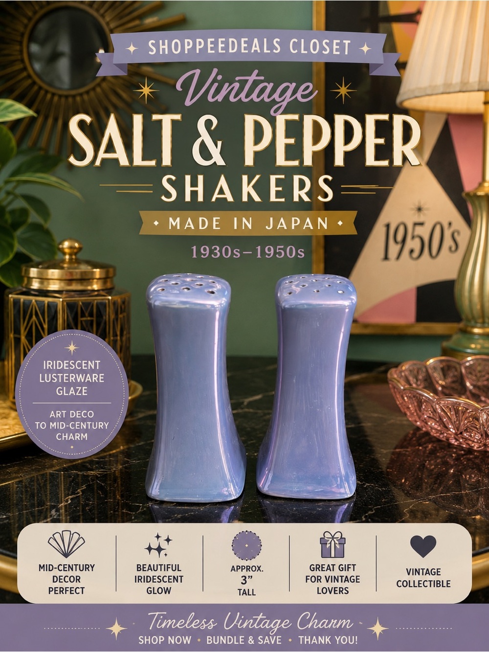 Vintage 1930s–1950s Japan Lusterware Ceramic Salt & Pepper Shakers 3”